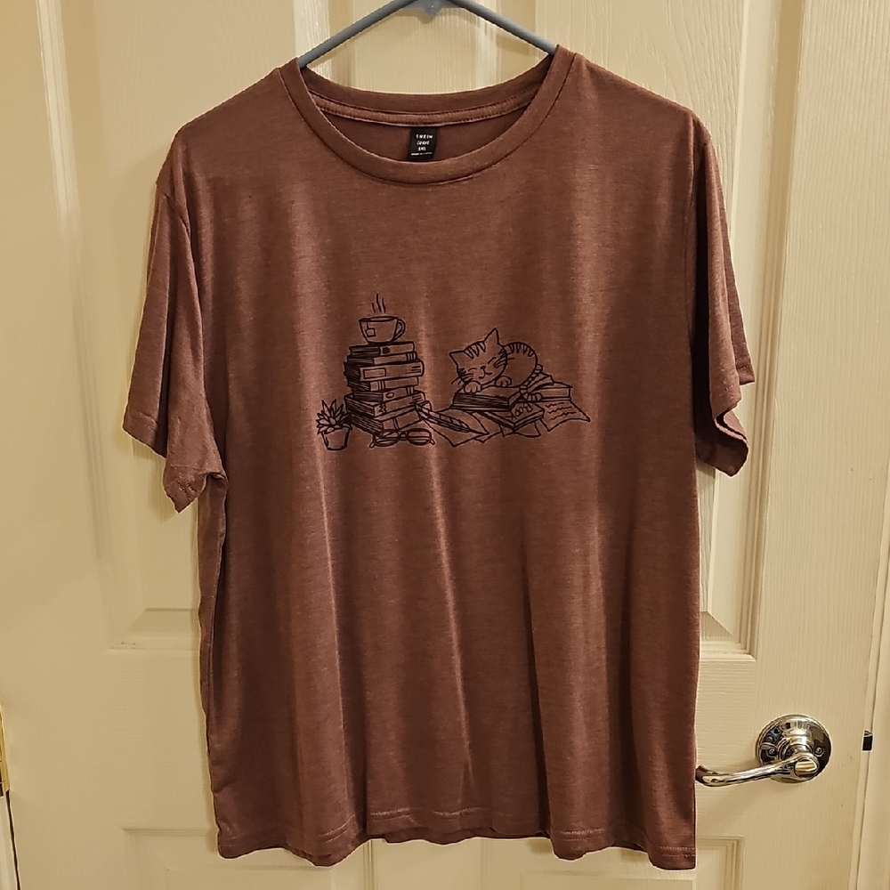 Shein Kitty Cat W/Books T-Shirt